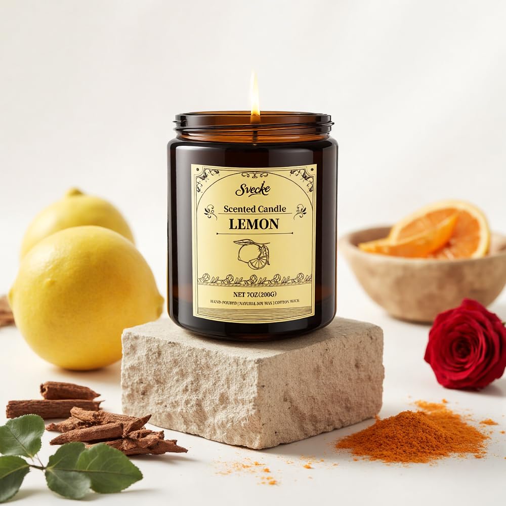 SVECKE lemon scented candle in living room creating inviting ambience for evenings