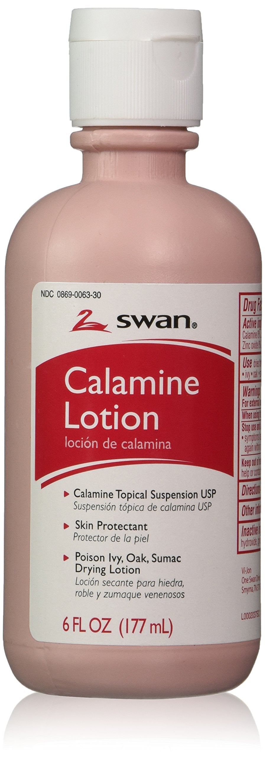 Swan Calamine Lotion bottle on a bathroom shelf for temporary itch relief.