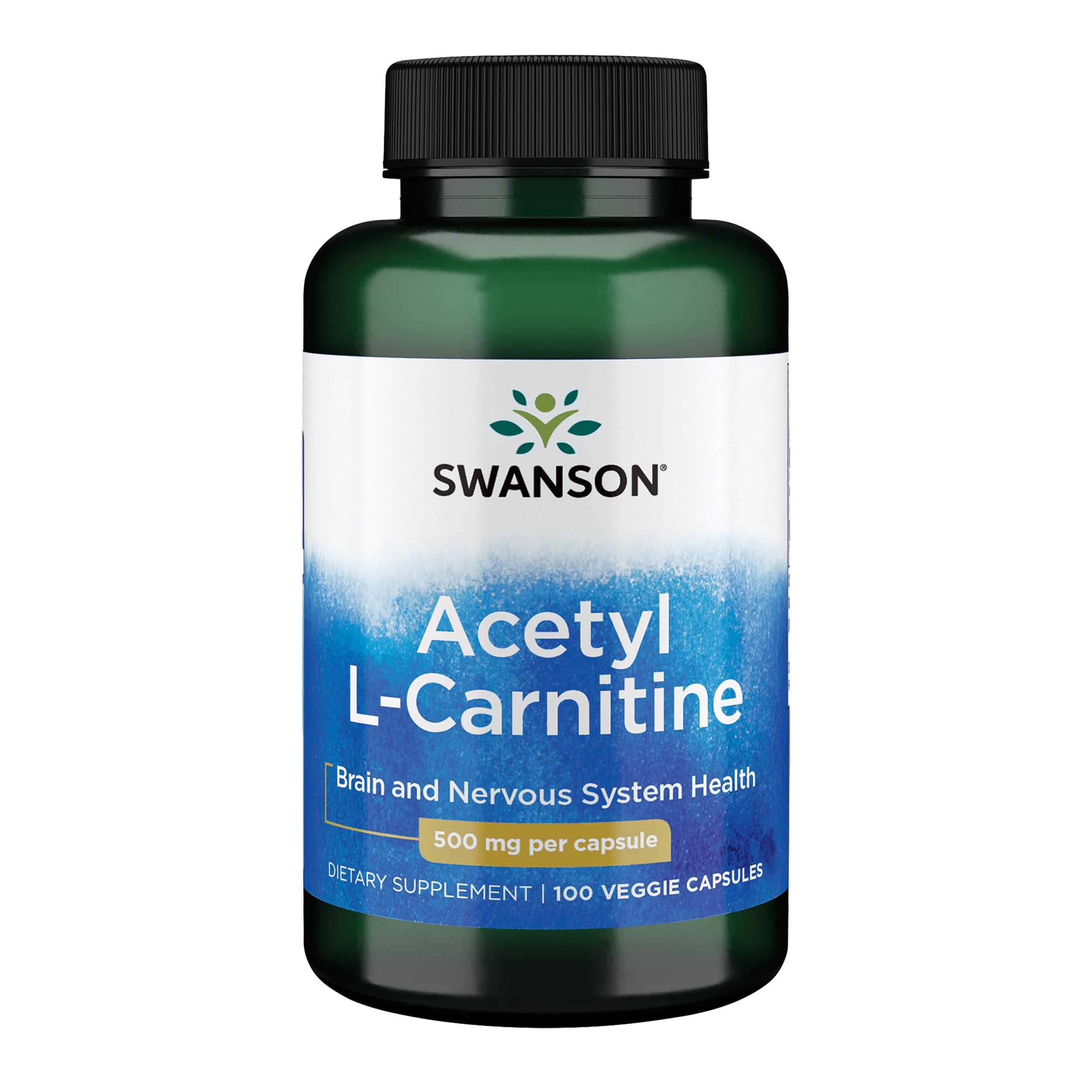 Swanson Acetyl-L-Carnitine 500mg bottle with capsules for daily cognitive support.