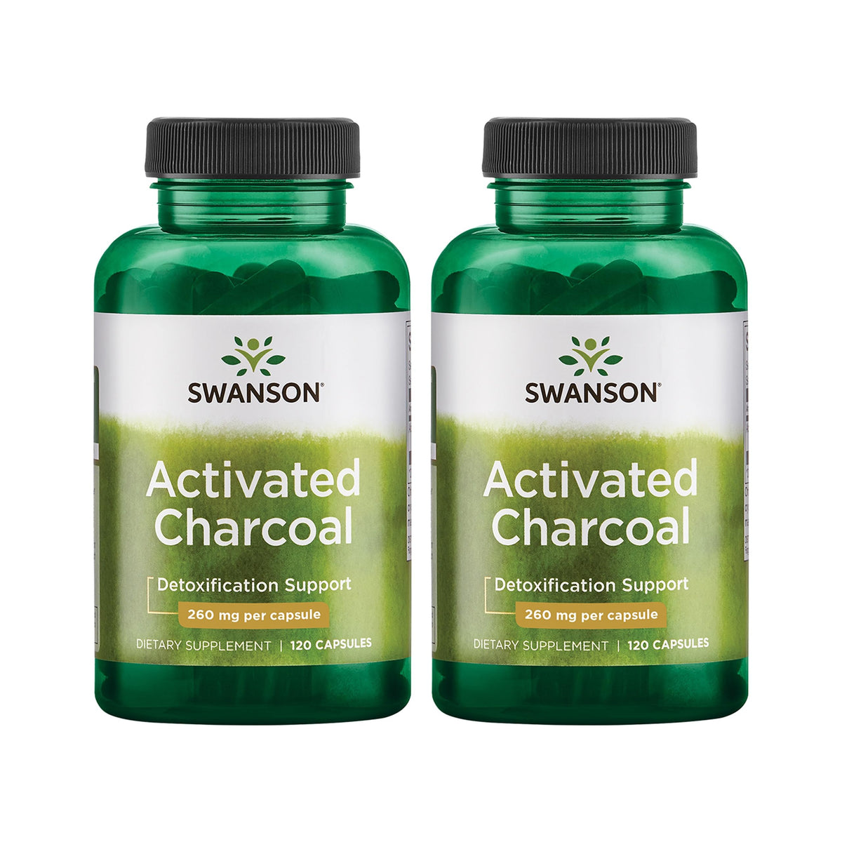 Swanson Activated Charcoal bottle on shelf promoting digestive health.