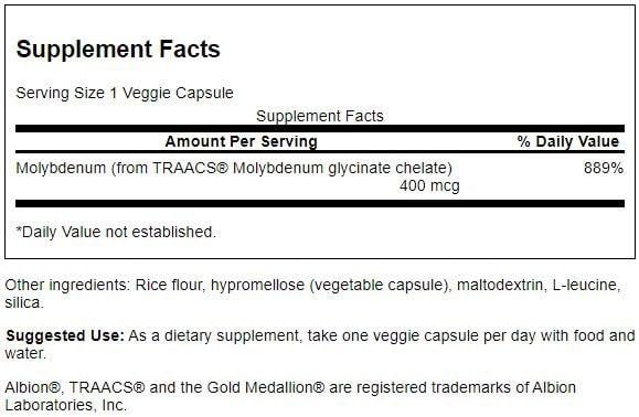 Swanson Albion Chelated Molybdenum capsules, vegetarian formula for daily use.
