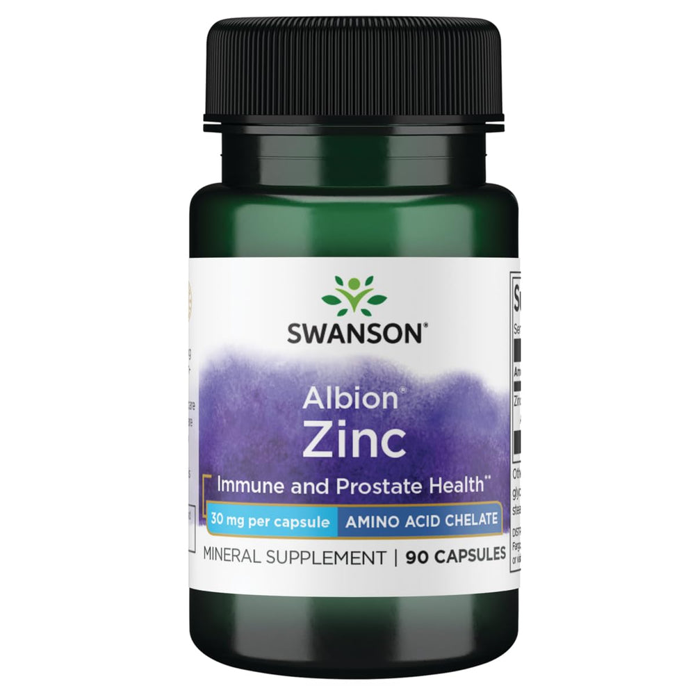 Swanson Albion Zinc Glycinate bottle showing 90 capsules for daily immune support