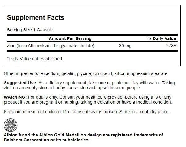 Swanson Albion Zinc Glycinate capsules closeup highlighting dosage and label