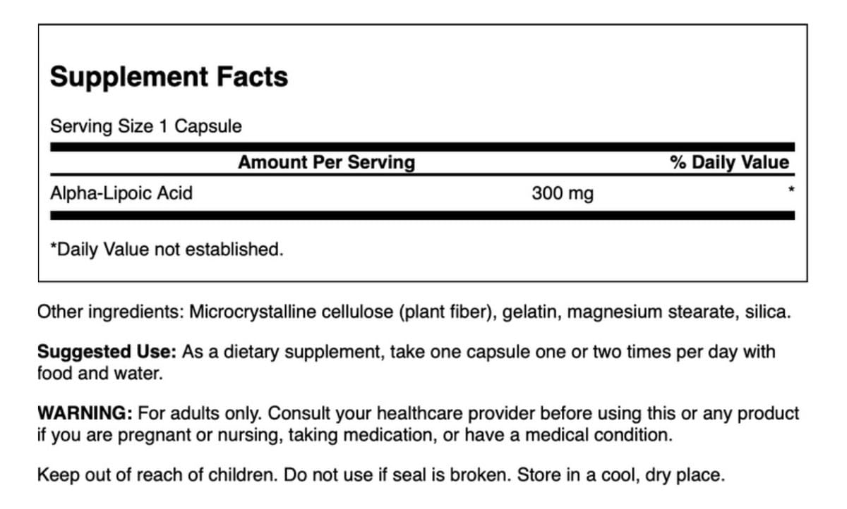 Swanson Alpha Lipoic Acid 300 mg label; clear packaging communicates active ingredients.