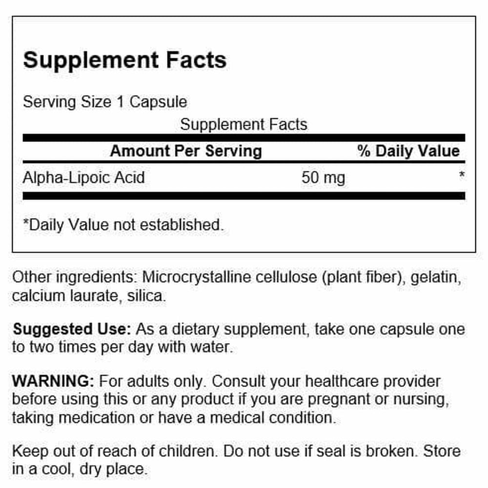 Swanson Alpha Lipoic Acid 50 mg bottle view shows 120-capsule supply