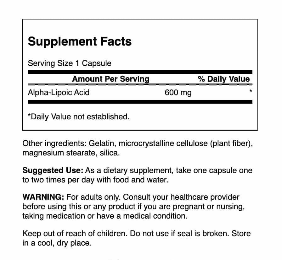Swanson Alpha Lipoic Acid capsules on white background for daily intake.
