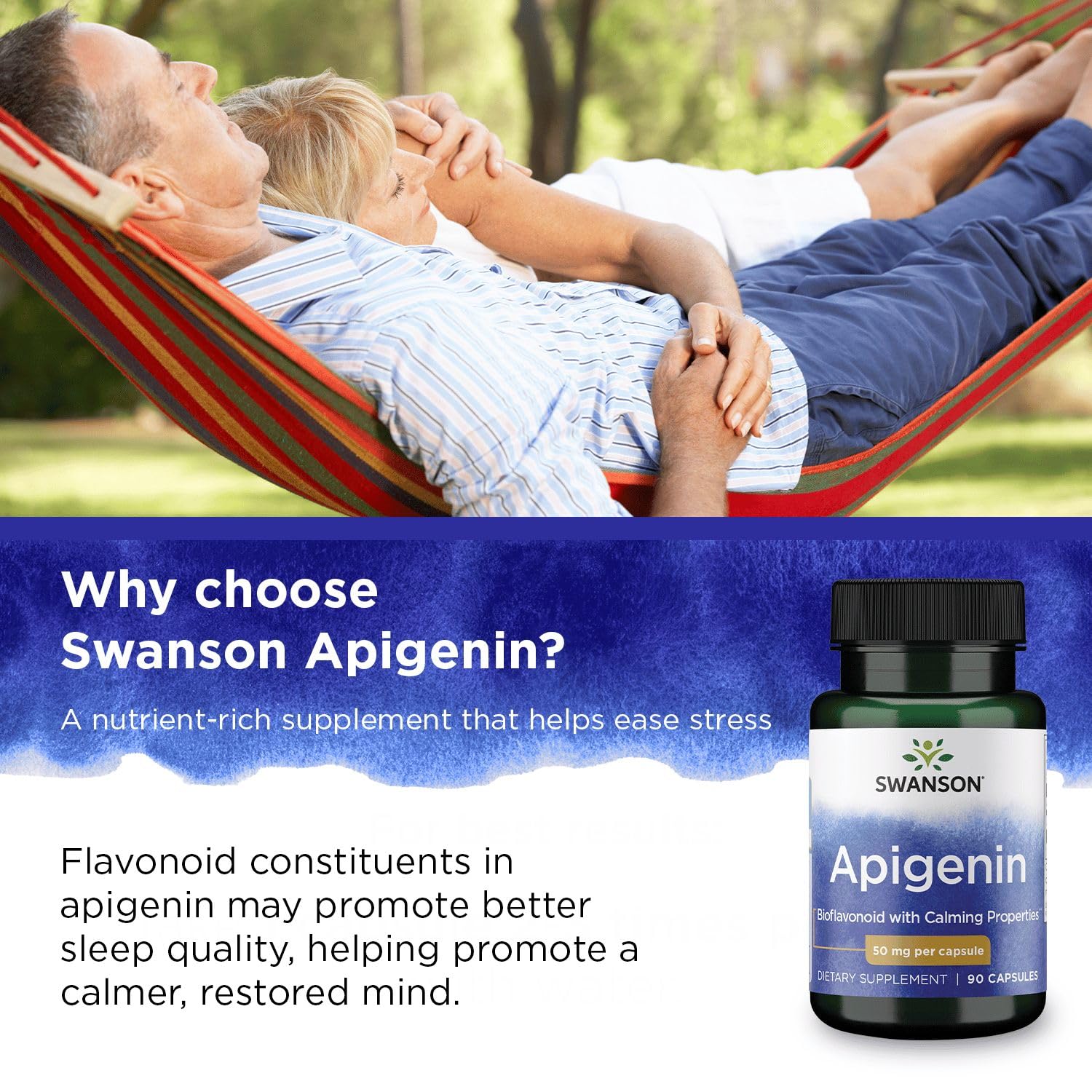 Swanson Apigenin bottle on nightstand suggesting relaxation support.