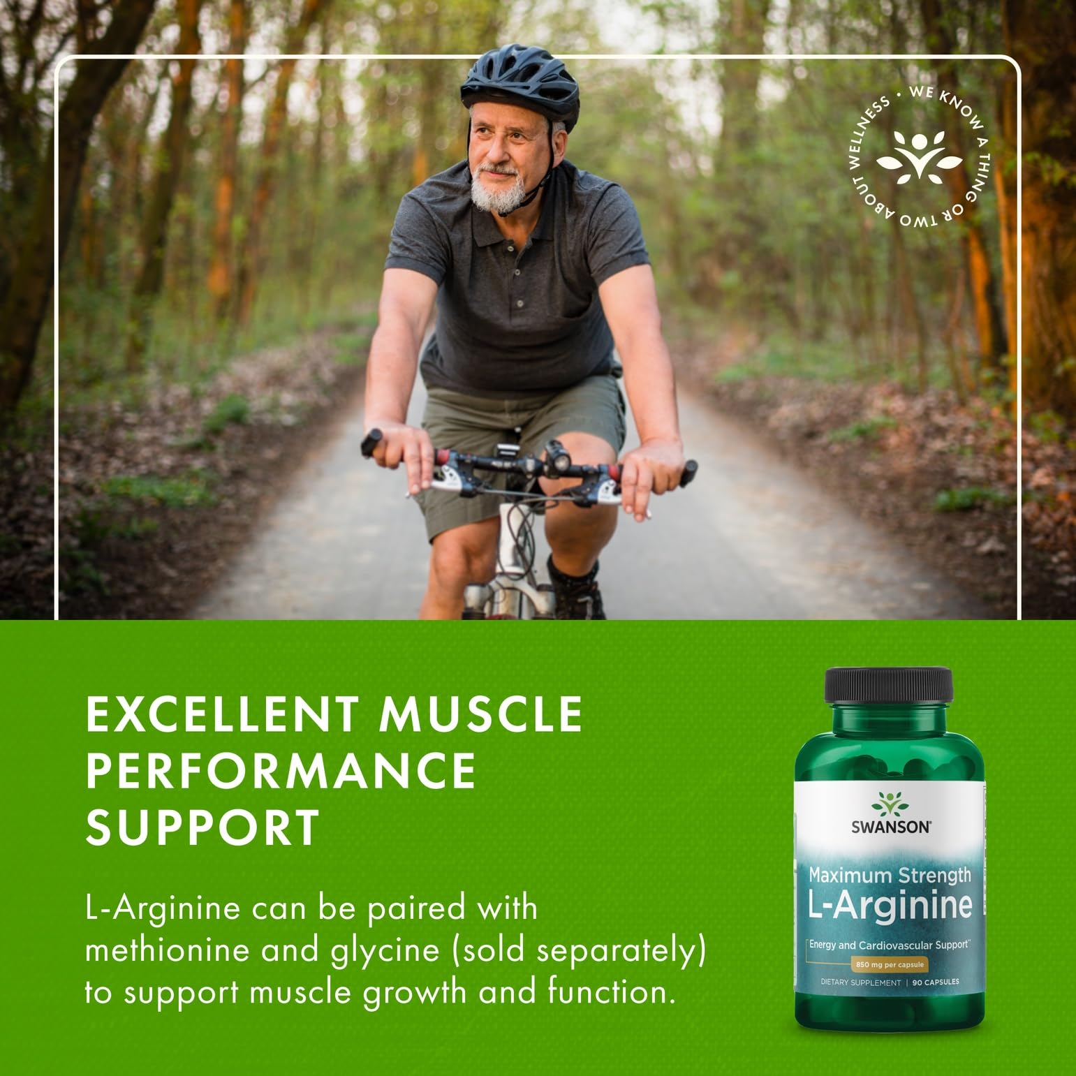 Swanson L-Arginine 850 mg GMP certification seal emphasizes product quality