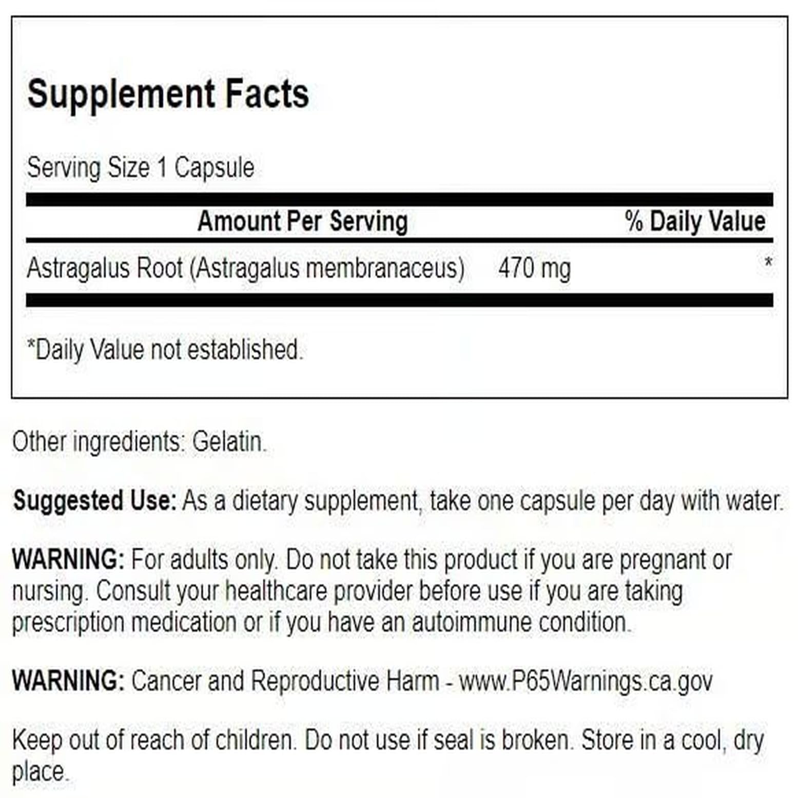Close-up of Swanson Astragalus Root capsules showing dosage for daily wellness.