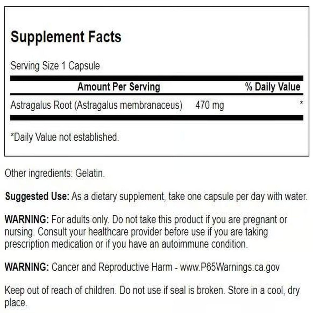 Close-up of Swanson Astragalus Root capsules showing dosage for daily wellness.