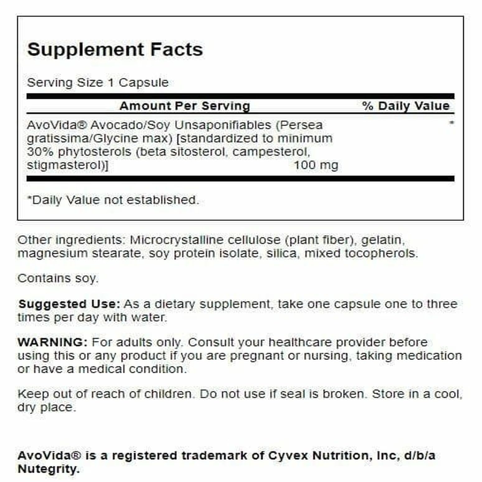 Swanson Avovida bottle back label with dosage guidance and ingredients