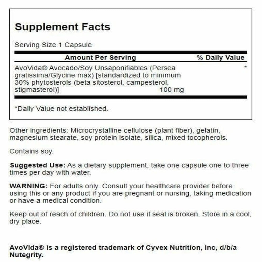 Swanson Avovida bottle back label with dosage guidance and ingredients