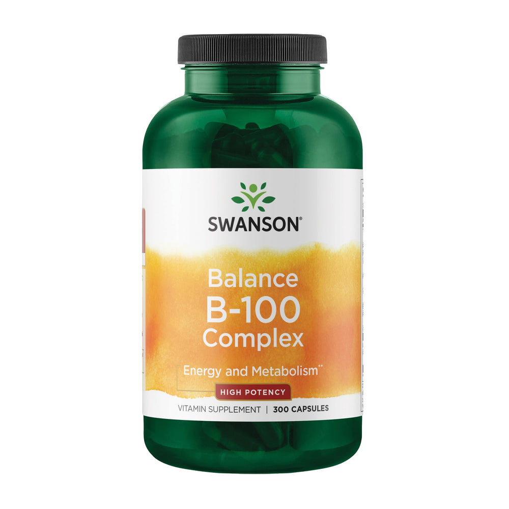 Swanson B-100 bottle front shows a complete B-complex for energy and metabolism support.