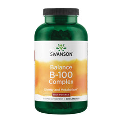 Swanson B-100 bottle front shows a complete B-complex for energy and metabolism support.