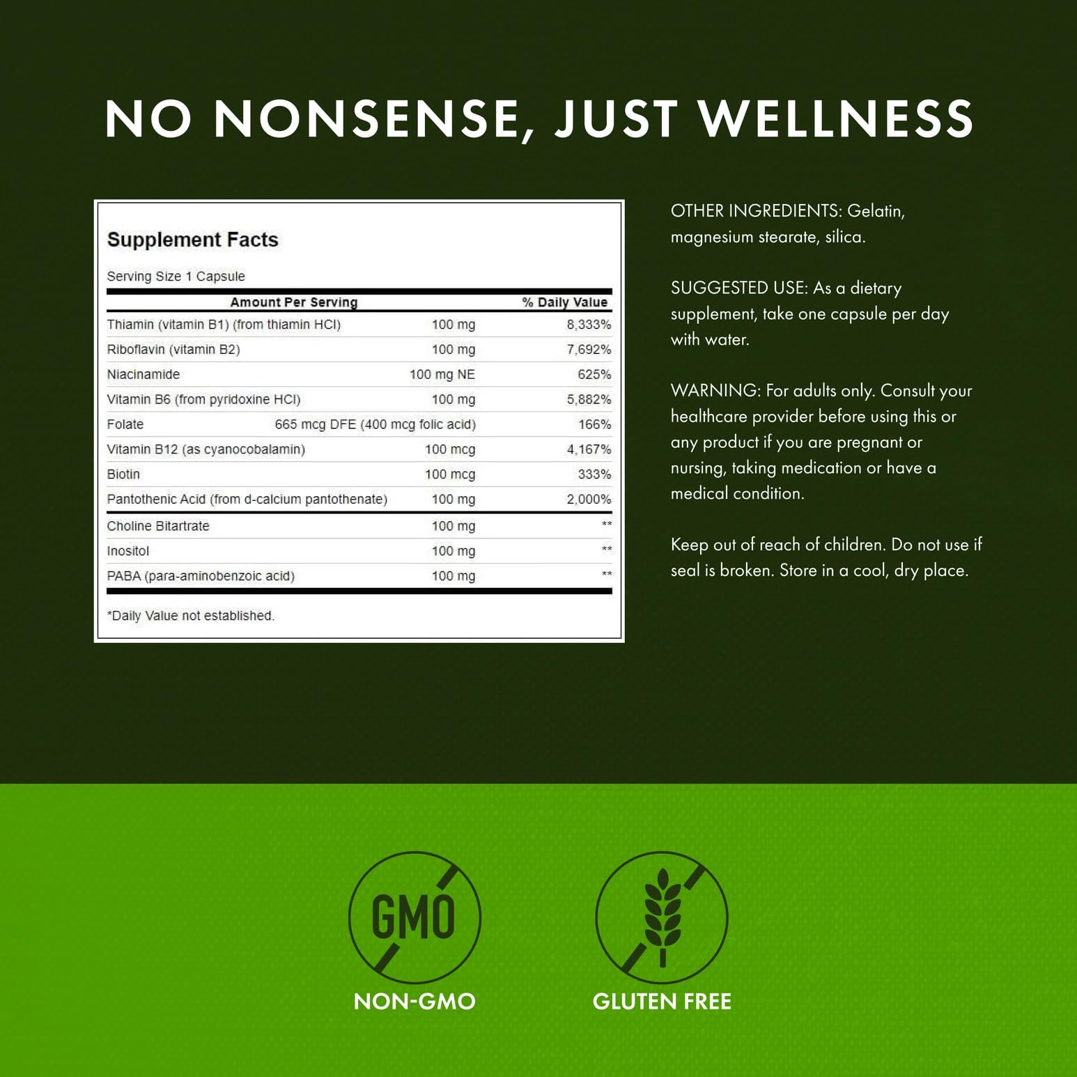 Swanson B-100 label close-up emphasizes essential B vitamin blend.