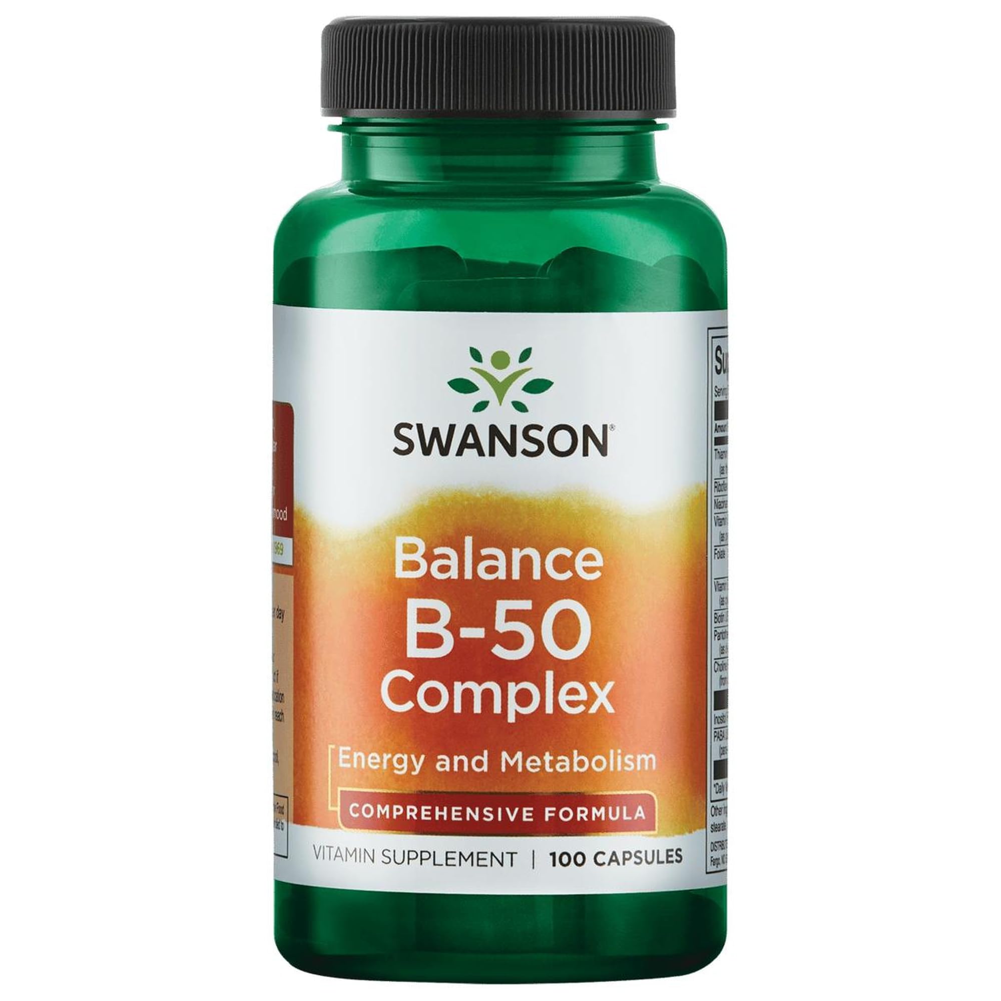 Swanson B-50 Complex bottle label highlights key B vitamins for energy support.