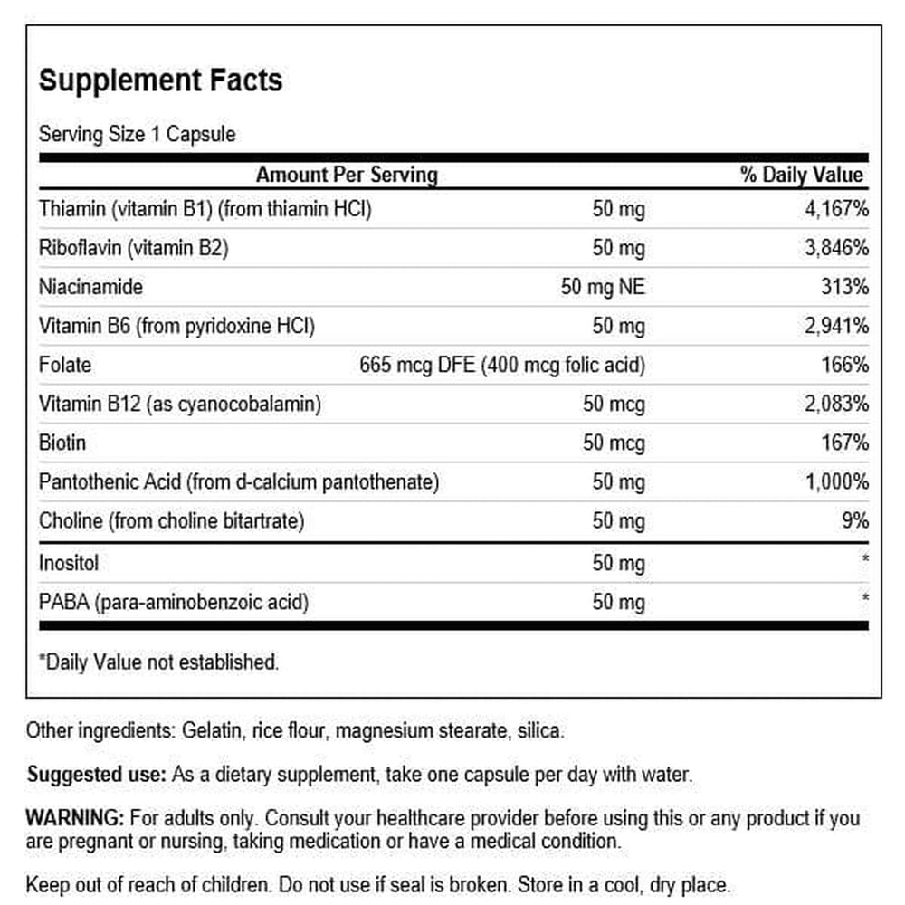 Close-up of Swanson B-50 Complex capsules for easy daily intake.