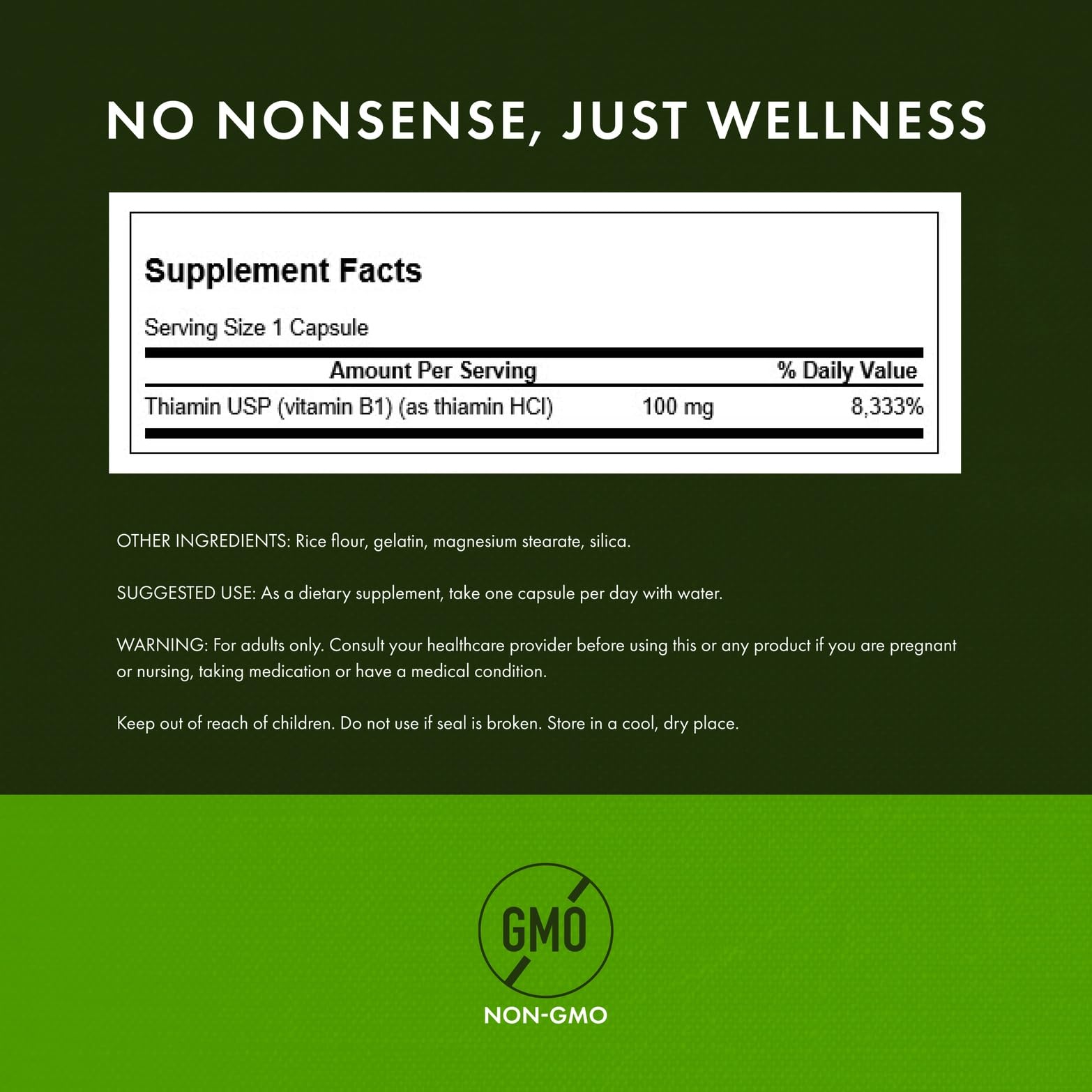 Swanson B1 label front shows pure vitamin with easy daily intake.