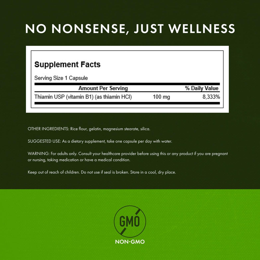 Swanson B1 label front shows pure vitamin with easy daily intake.