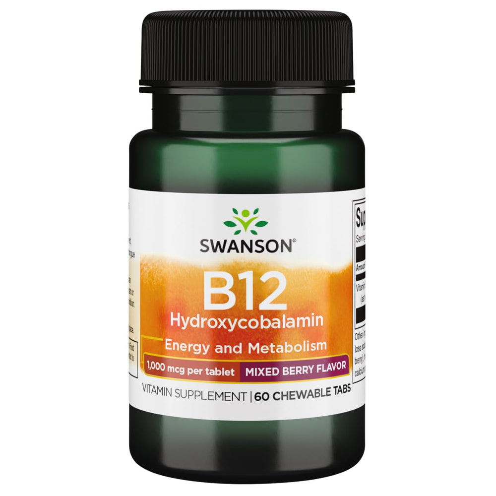 Swanson Vitamin B-12 1000 mcg chewables bottle on kitchen counter for daily energy support