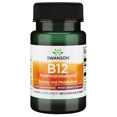 Swanson Vitamin B-12 1000 mcg chewables bottle on kitchen counter for daily energy support