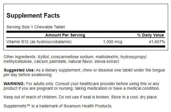 Swanson B-12 chewables label highlights hydroxycobalamin for better bioavailability