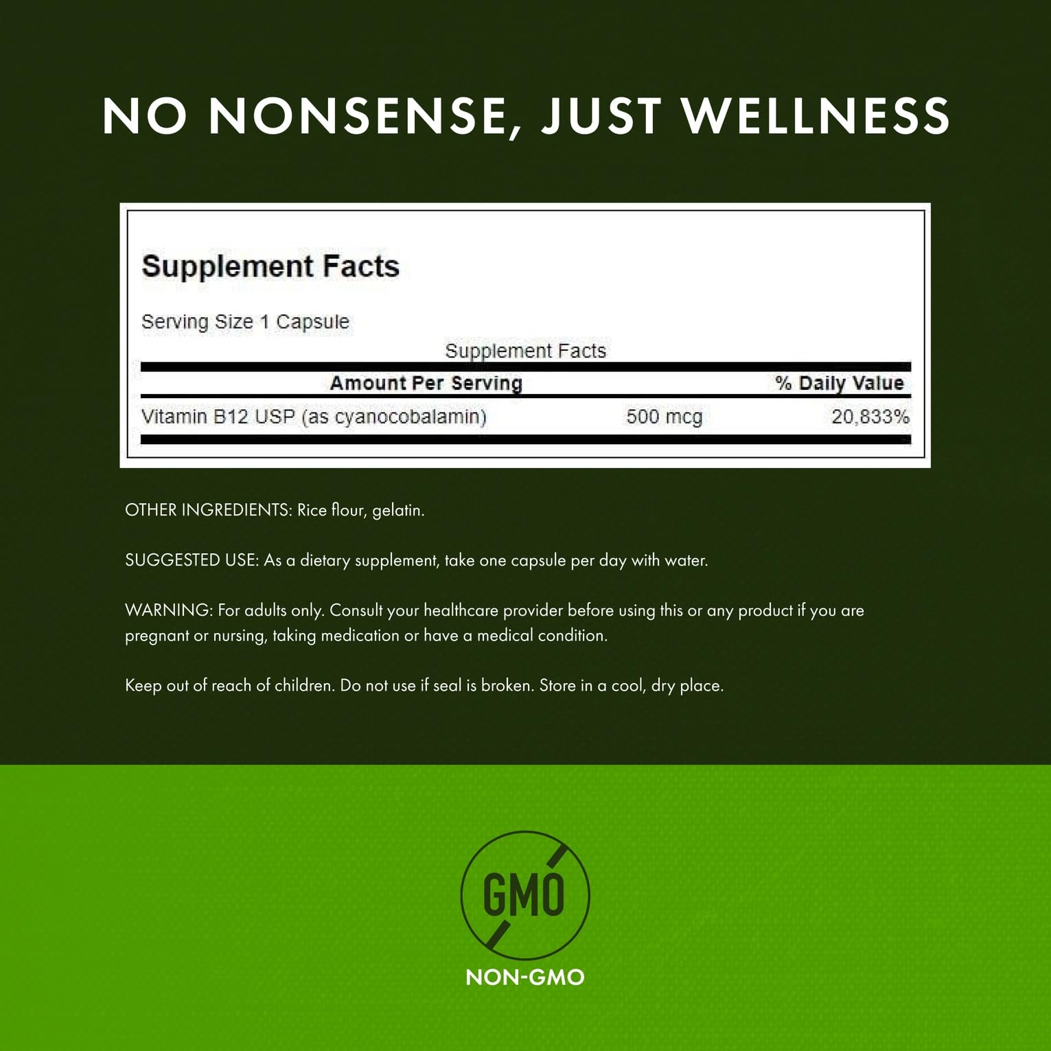 Swanson B12 bottle side focuses on easy-to-swallow capsules for daily routine.