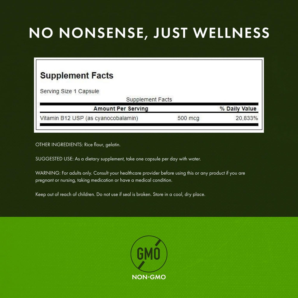 Swanson B12 bottle side focuses on easy-to-swallow capsules for daily routine.