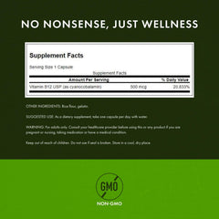 Swanson B12 bottle side focuses on easy-to-swallow capsules for daily routine.