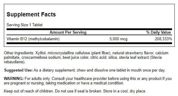 Close-up of Swanson B-12 methylcobalamin label highlighting plant-based formulation