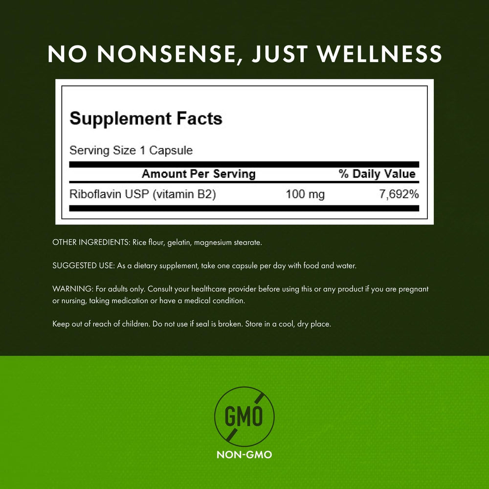 Front label of Swanson B2 riboflavin showing thyroid and vision support.