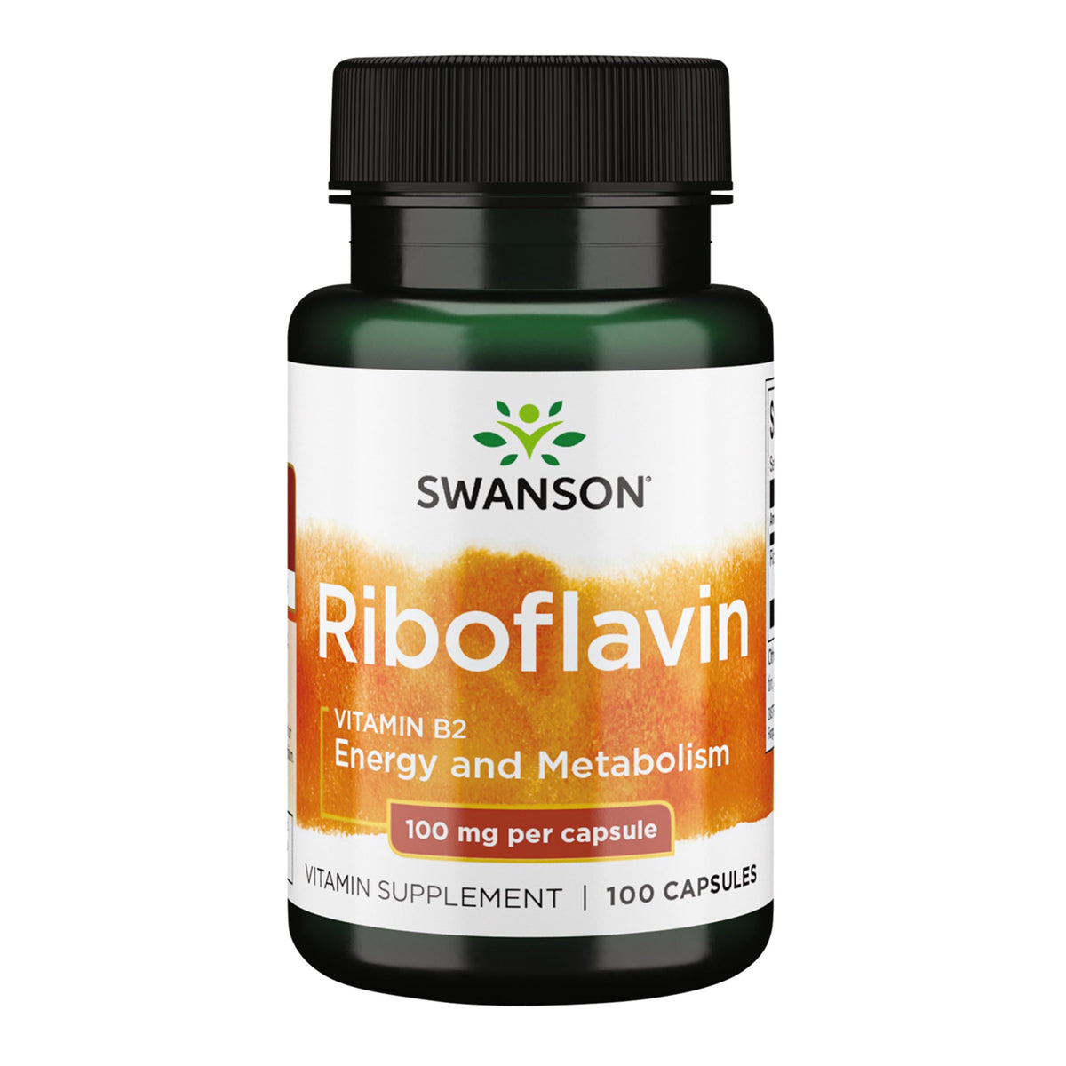 Swanson B2 supplement bottle with capsules for daily energy support.
