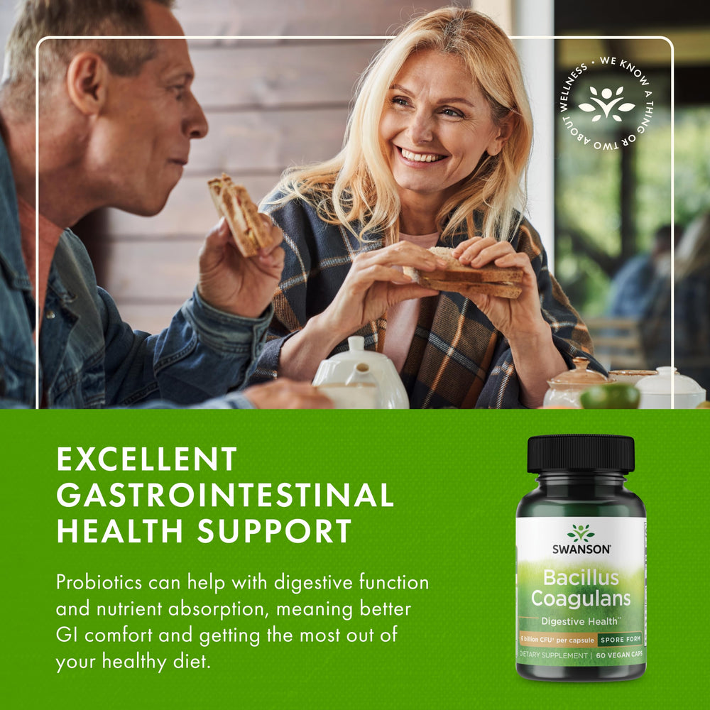 Swanson Bacillus Coagulans gut health icon hints at GI balance.