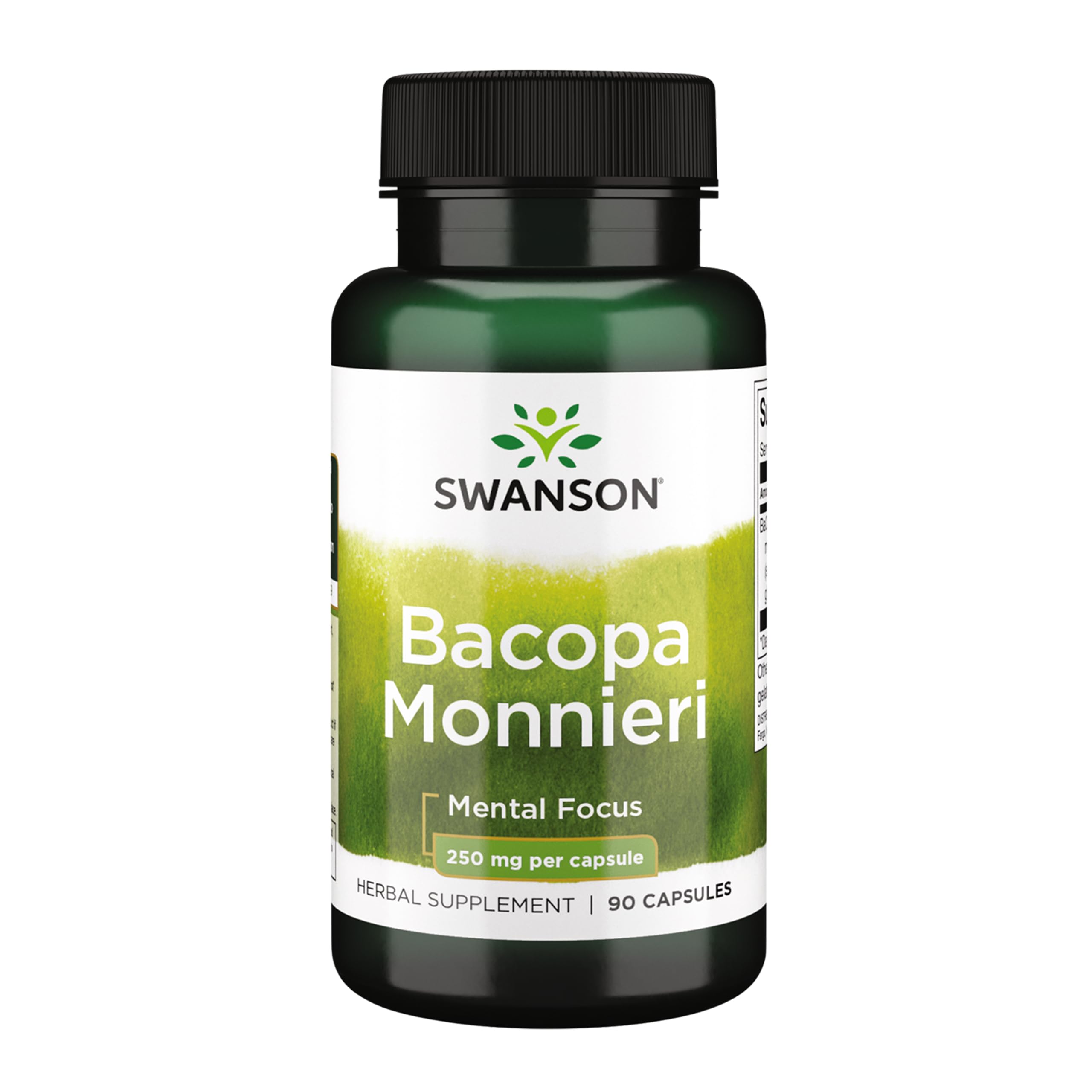 Swanson Bacopa Monnieri extract bottle highlights Bacognize 250 mg for daily focus.