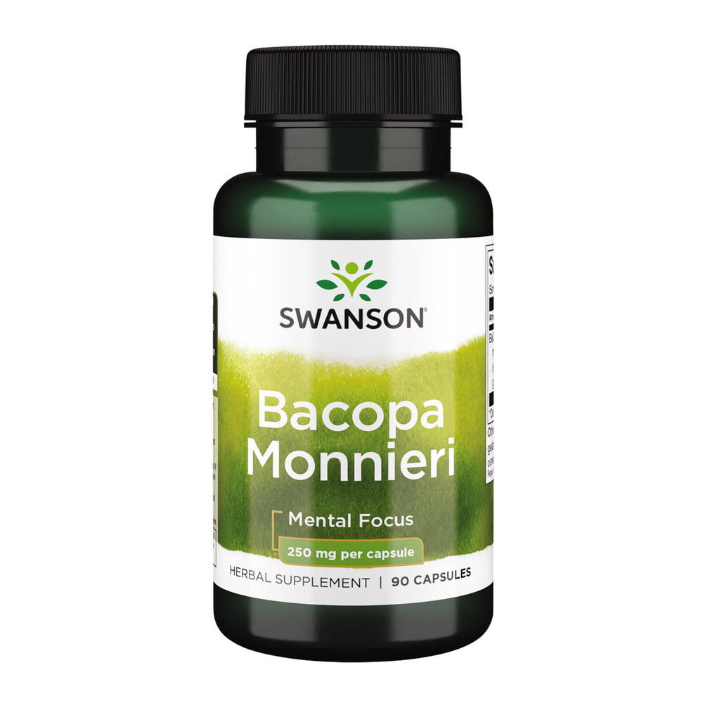 Swanson Bacopa Monnieri extract bottle highlights Bacognize 250 mg for daily focus.