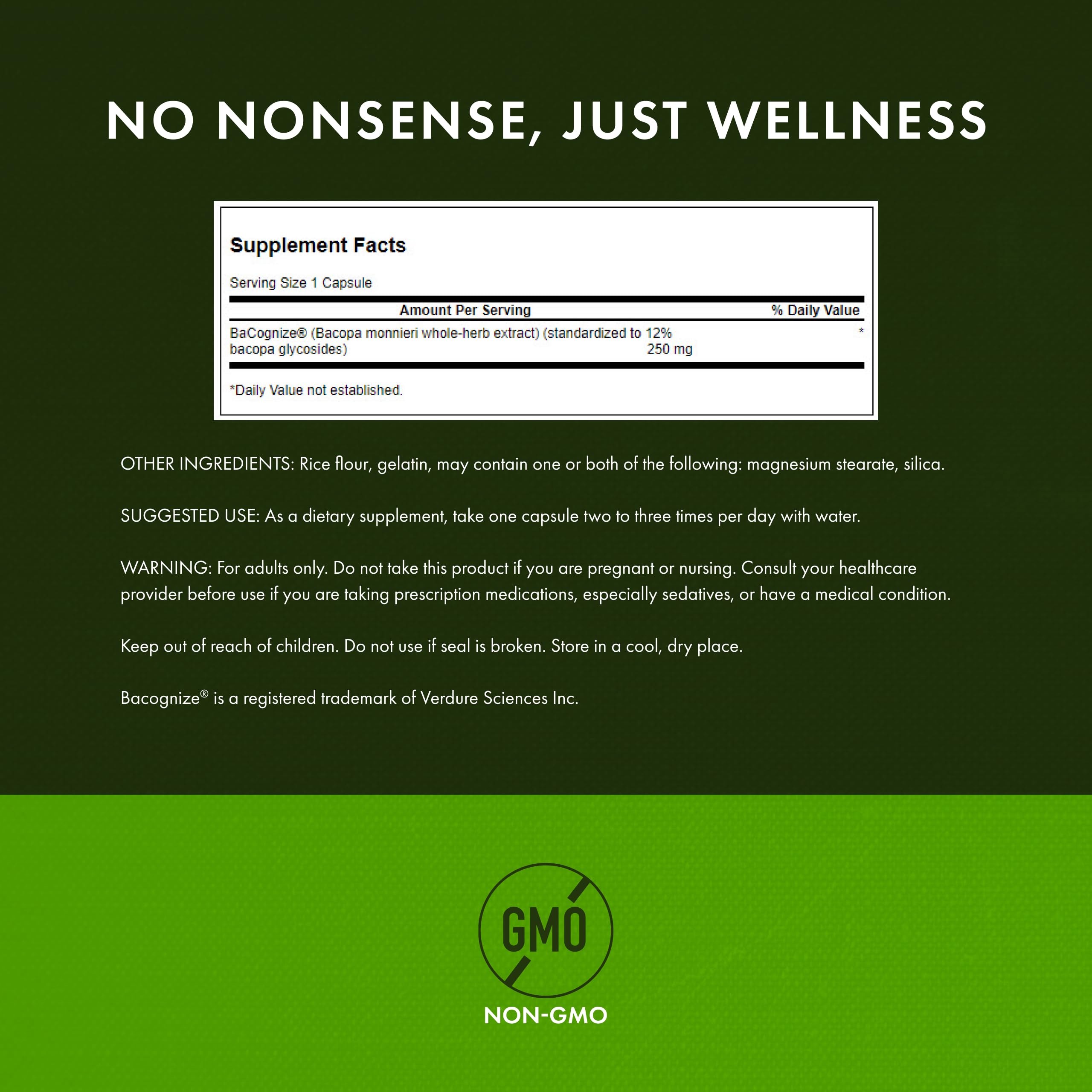 Swanson Bacopa label closeup indicating 12% glycosides standardization for potency.