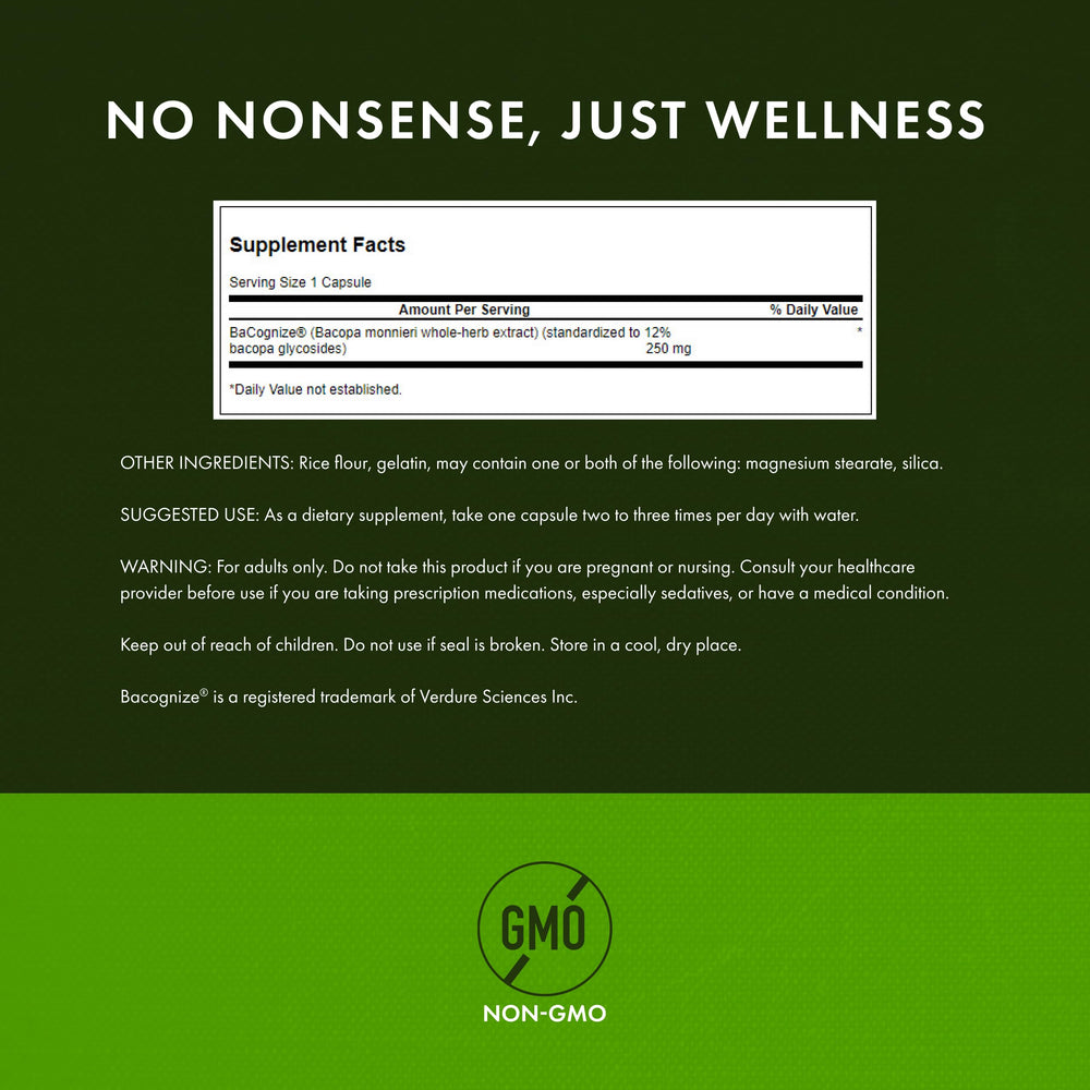 Swanson Bacopa label closeup indicating 12% glycosides standardization for potency.