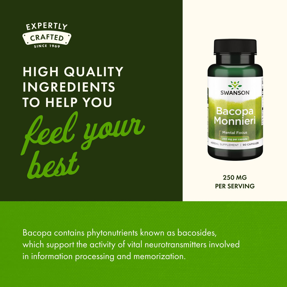 Swanson Bacopa science packaging hints at evidence-based formulation for mental performance.