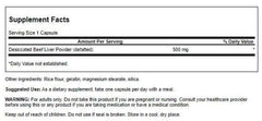 Swanson beef liver nutrition label highlighting B12 and iron content.