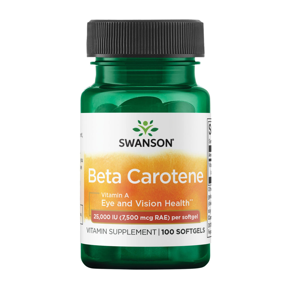 Swanson Beta-Carotene bottle displaying 25,000 IU for eye health support.