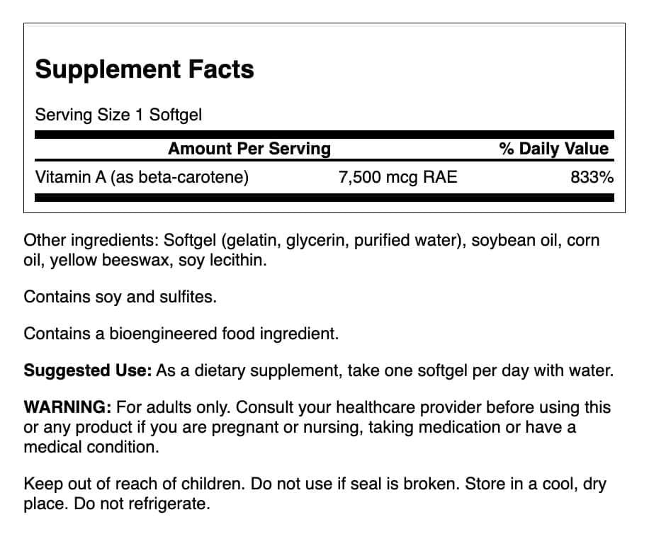 Swanson Beta-Carotene ingredients label close-up for transparency and quality.