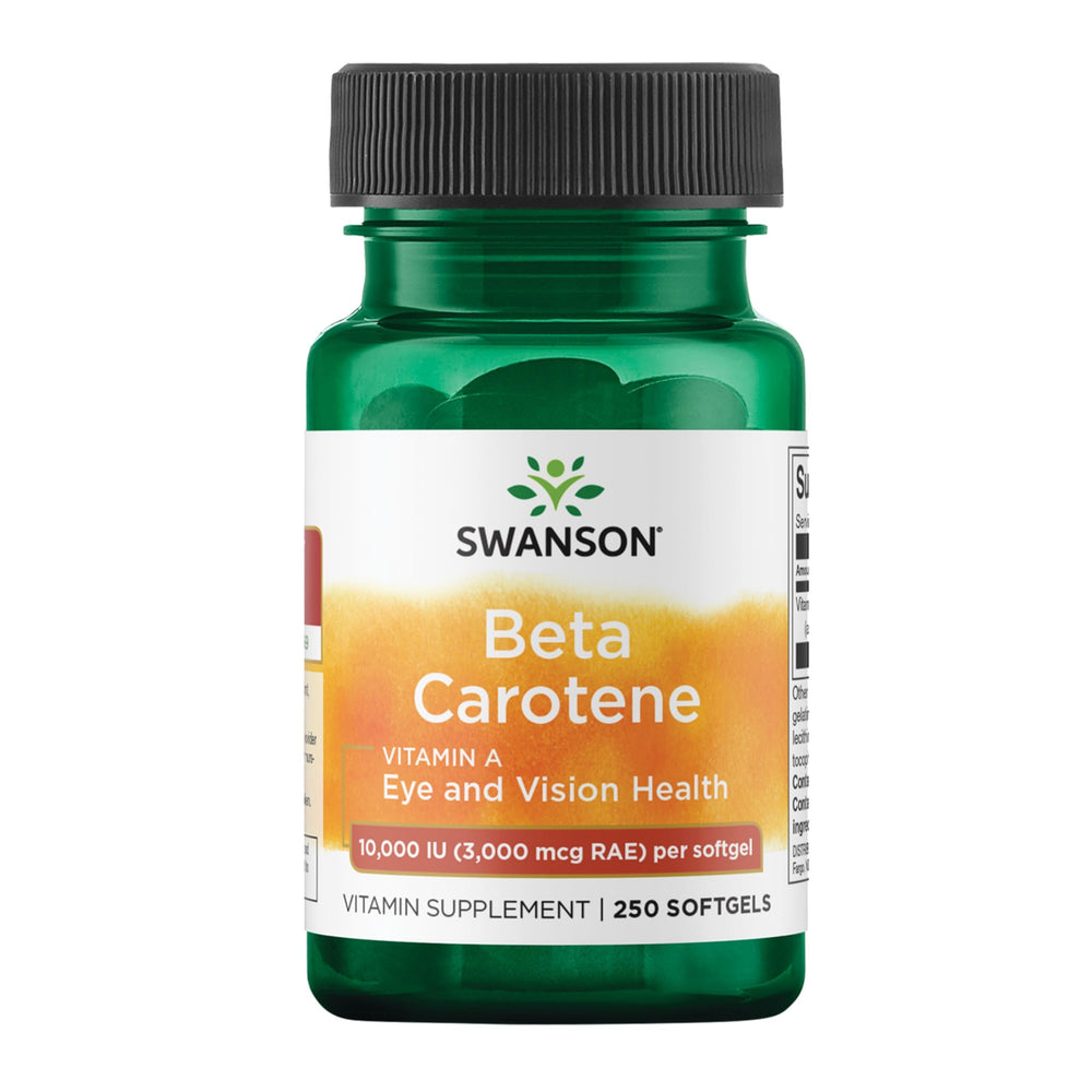 Swanson Beta-Carotene softgels bottle shows a convenient daily option for skin and eye support