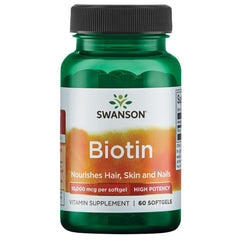 Swanson Biotin 10000 mcg softgels bottle for hair, skin and nails support