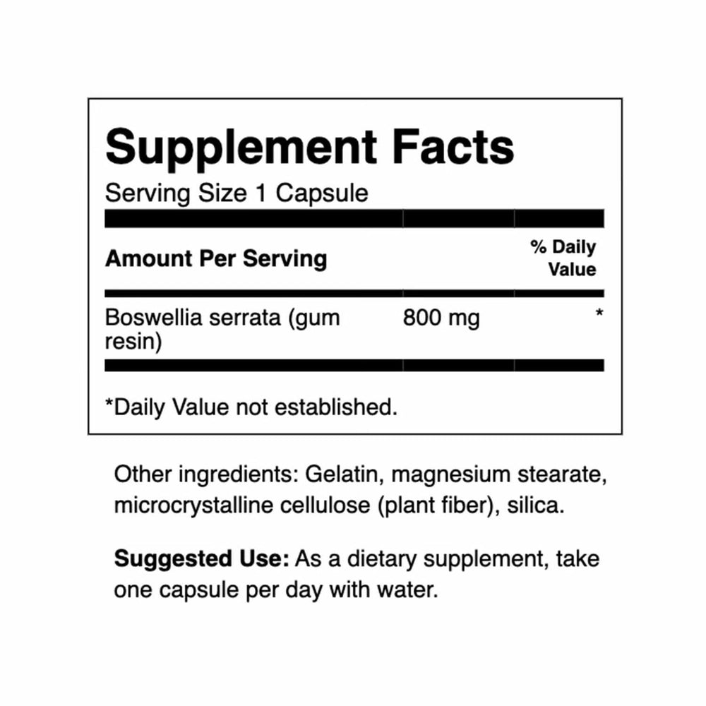 Swanson Boswellia capsules closeup shows 800 mg strength for daily mobility.