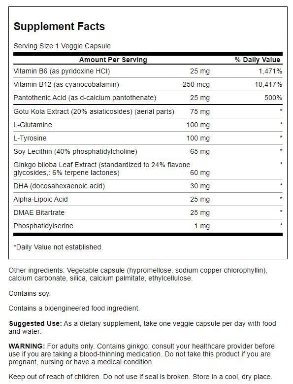 Close-up of Swanson Brain Essentials capsules, vegetarian formula for steady mood support.