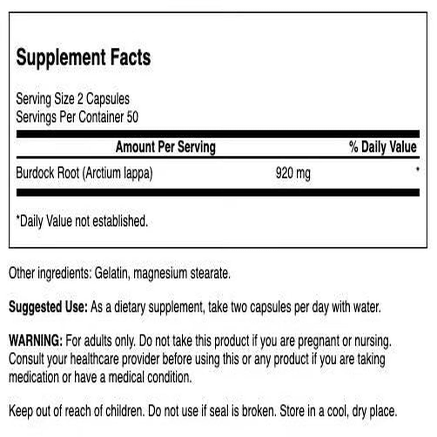 Swanson Burdock Root label close-up highlighting essential details