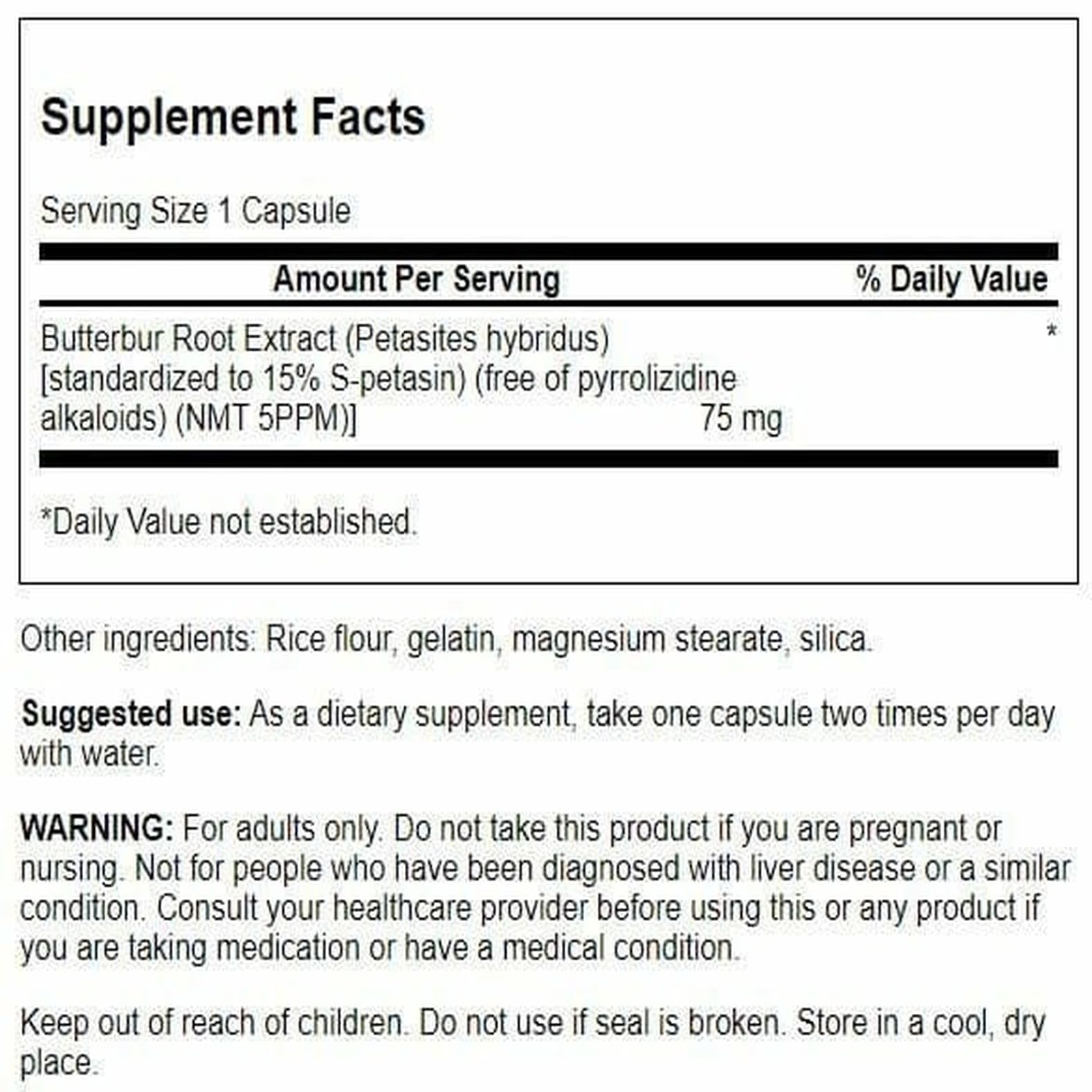 Swanson Butterbur Extract label highlighting PA-free formula and petasin content.