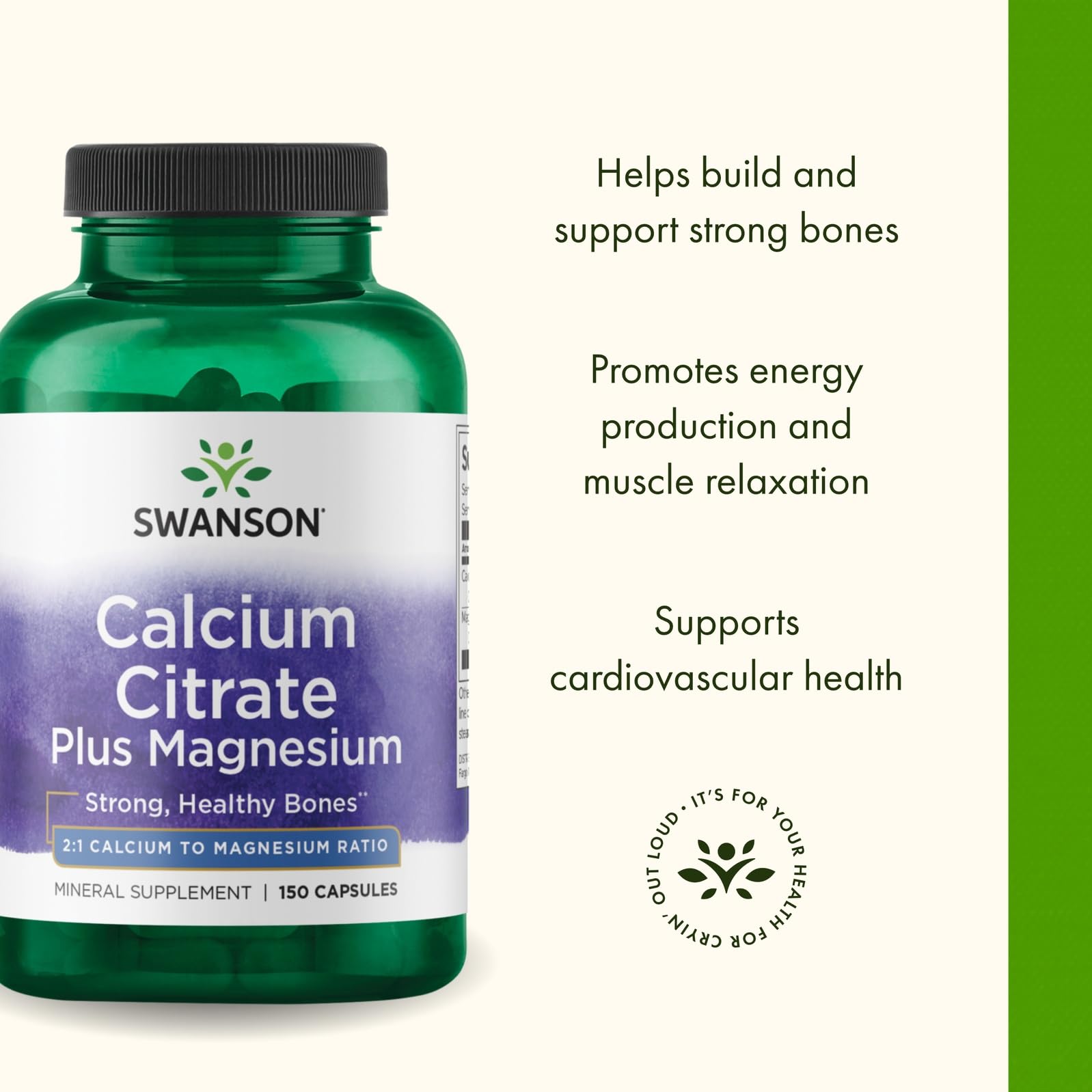 Swanson Calcium Citrate plus Magnesium pour-friendly bottle shot emphasizing easy daily use.