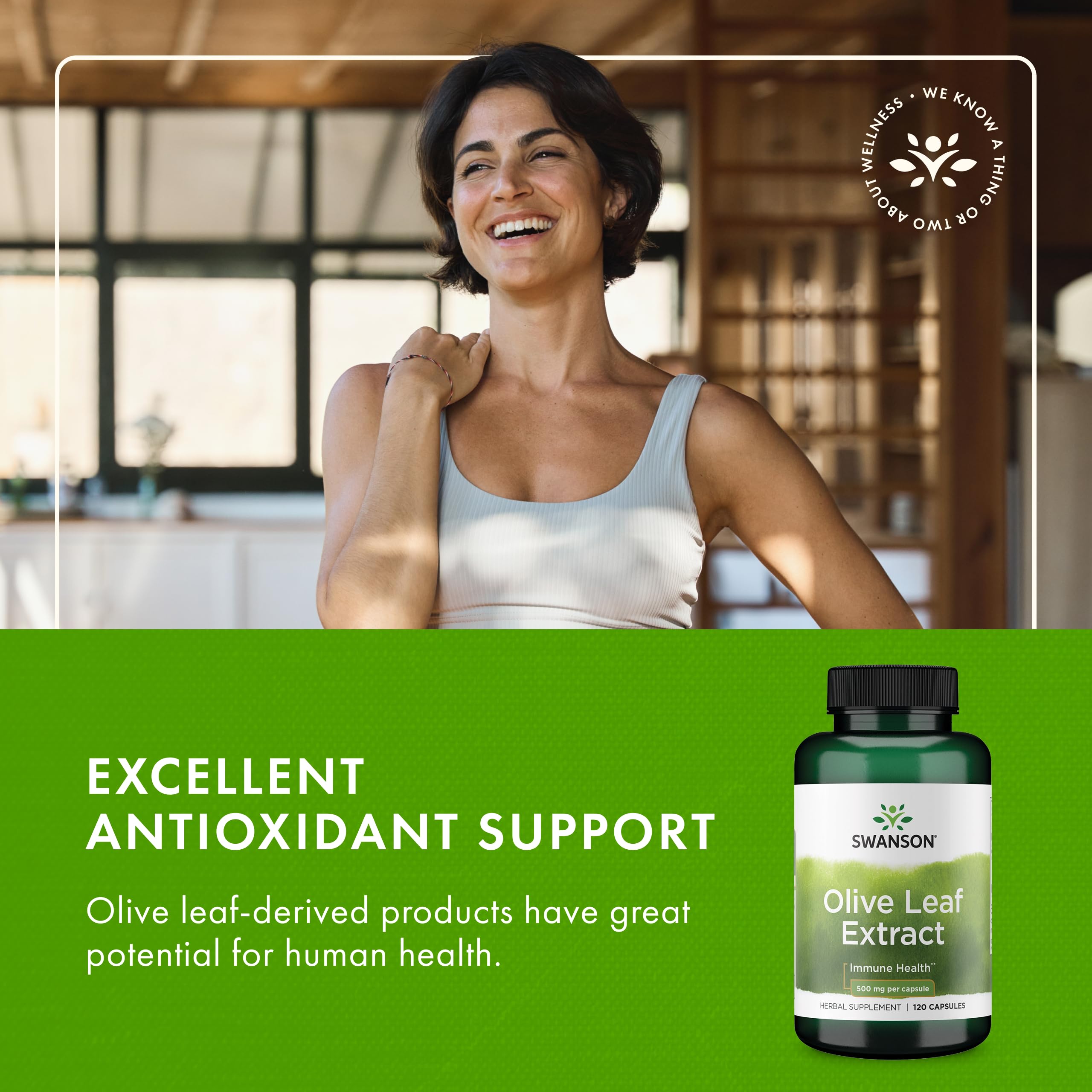 Swanson capsule-detail olive-leaf image highlights 500 mg per capsule.