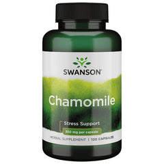 Swanson Chamomile Stress Support bottle and capsules for calm evenings